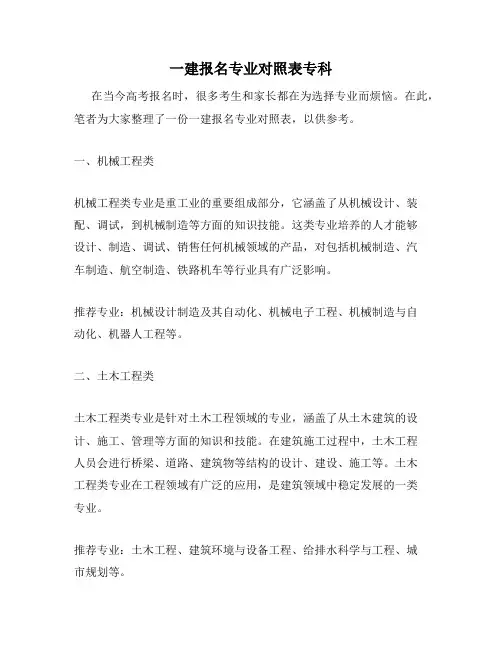 一建报名专业对照表专科