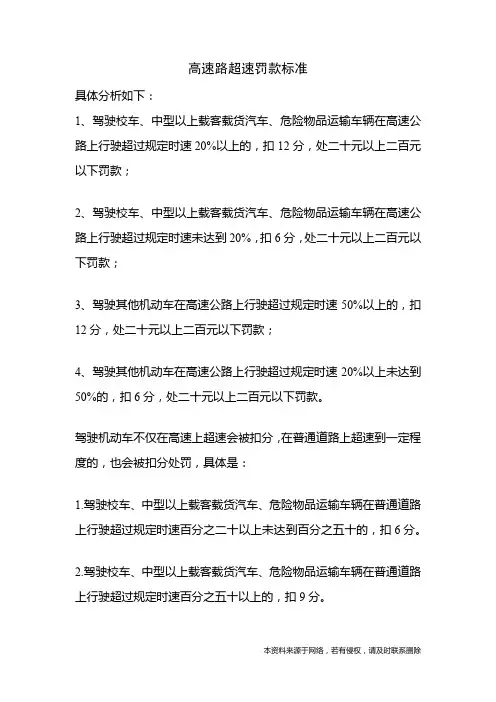 高速路超速罚款标准