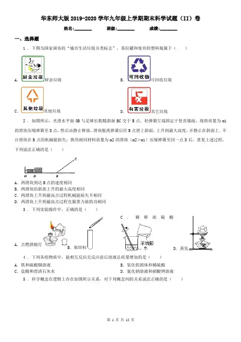 华东师大版2019-2020学年九年级上学期期末科学试题(II)卷(模拟)