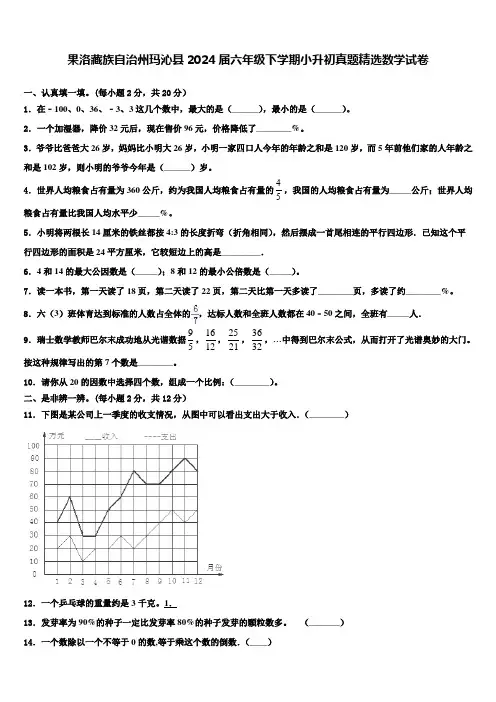 果洛藏族自治州玛沁县2024届六年级下学期小升初真题数学试卷含解析
