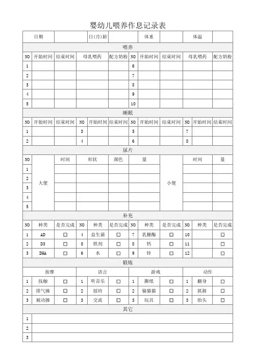 婴幼儿喂养作息记录表模板