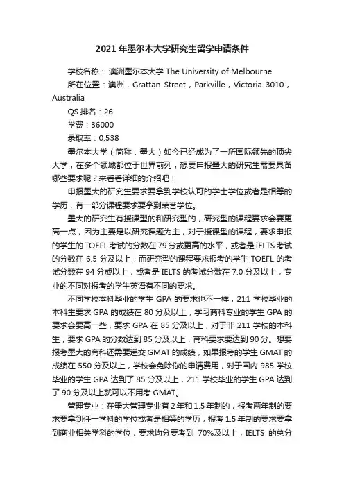 2021年墨尔本大学研究生留学申请条件