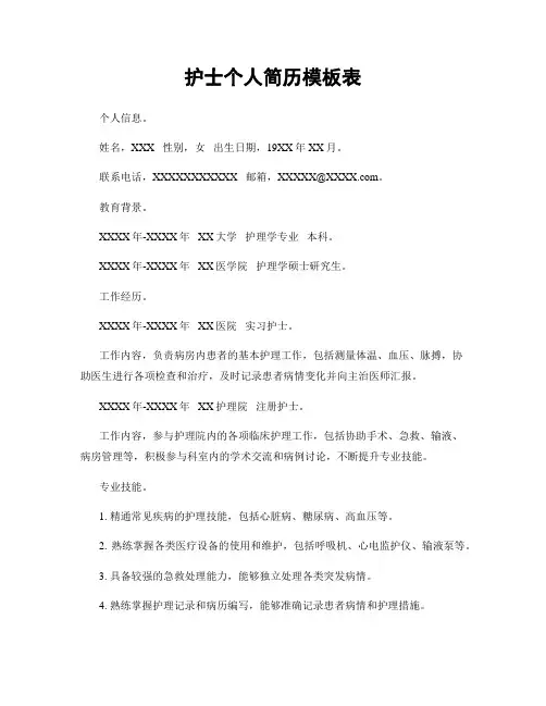 护士个人简历模板表