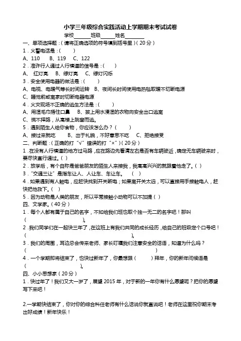 小学三年级综合实践活动上学期期末考试试卷