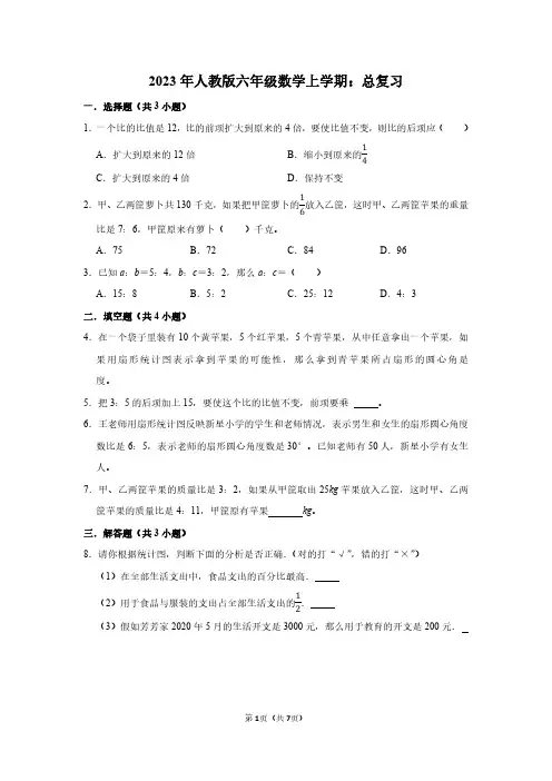 2023年人教版六年级数学上学期：总复习(附答案解析)