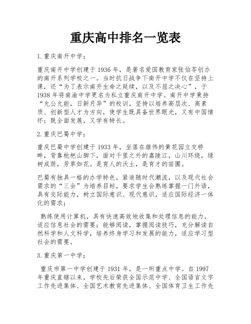 重庆高中排名一览表