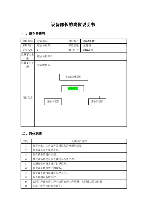 设备部长的岗位说明书