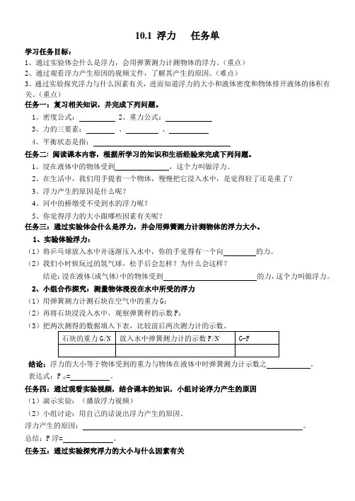 10.1 浮力   任务单
