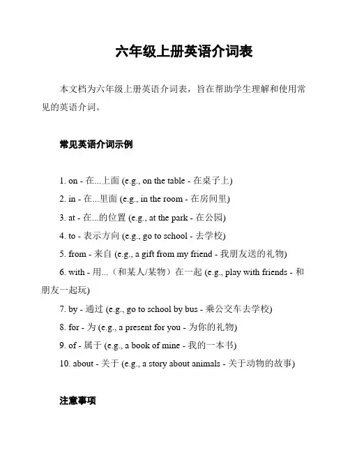 六年级上册英语介词表