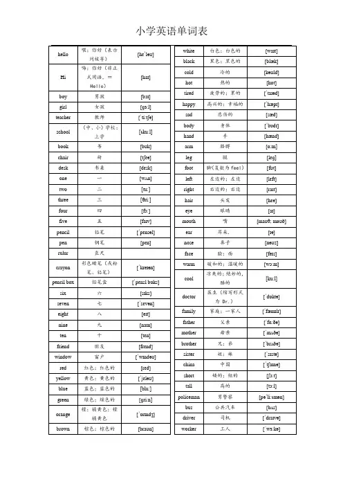 冀教版小学英语单词