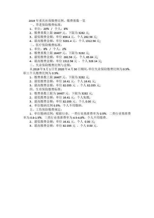 2019年重庆社保缴费比例、缴费基数一览