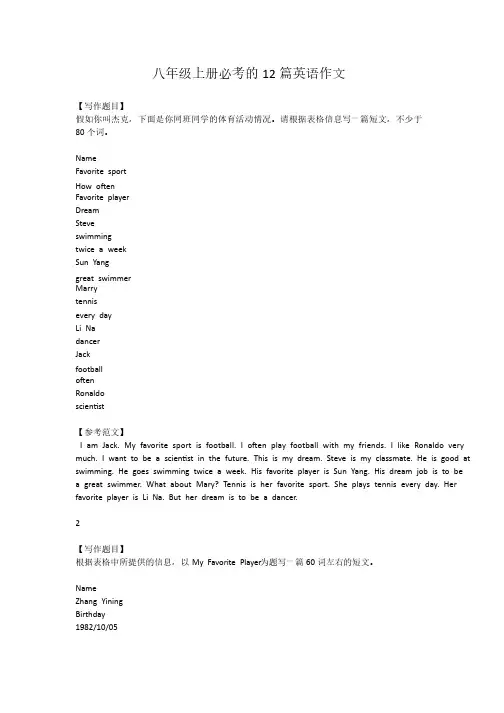 八年级上册必考的12篇英语作文