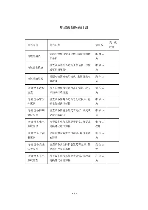 电镀设备保养计划