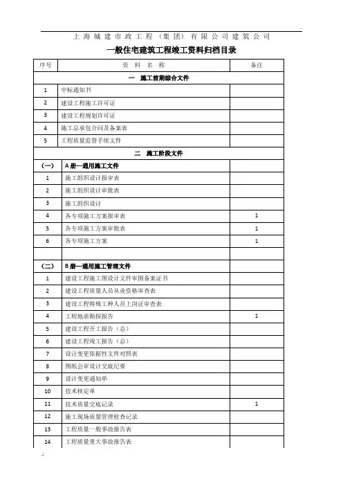 一般土建住宅工程竣工资料归档目录(样板)