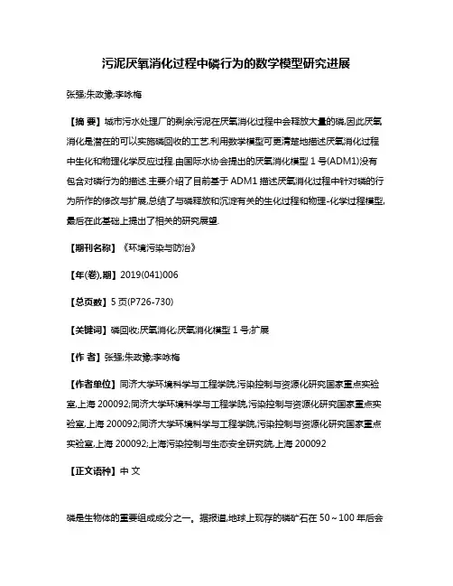 污泥厌氧消化过程中磷行为的数学模型研究进展