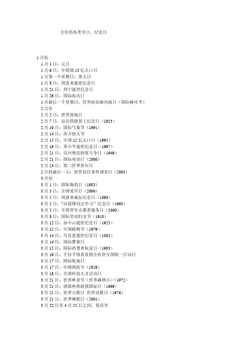 全年各类节日纪念日