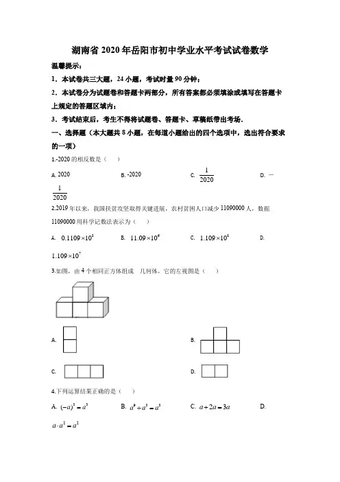 2020年湖南省岳阳市初中学业水平考试、中考数学试卷