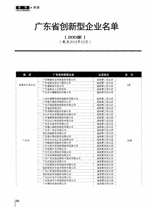 广东省创新型企业名单(200家)(截至2012年12月)