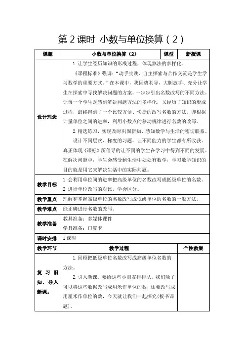 人教版四年级下册《小数与单位换算(2)》教学设计及反思