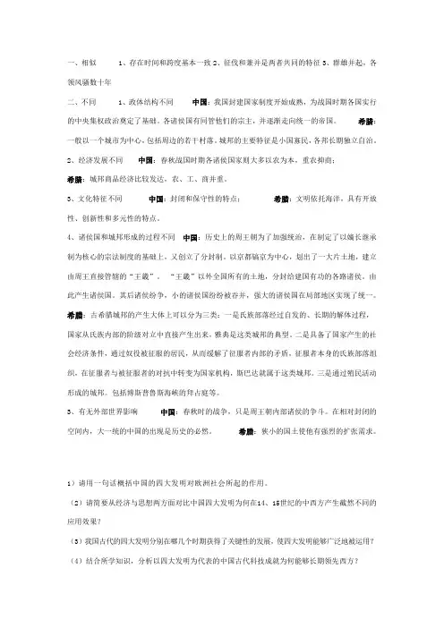 比较希腊城邦和春秋诸侯国的异同