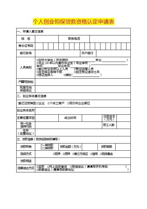 个人创业担保贷款资格认定申请表