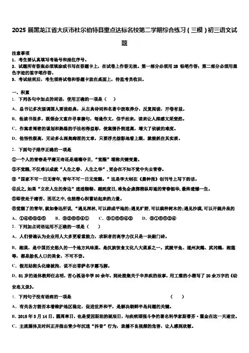 2025届黑龙江省大庆市杜尔伯特县重点达标名校第二学期综合练习(三模)初三语文试题含解析