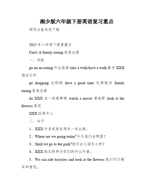 湘少版六年级下册英语复习重点
