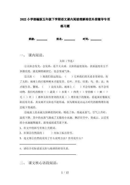 2022小学部编版五年级下学期语文课内阅读理解培优补差辅导专项练习题