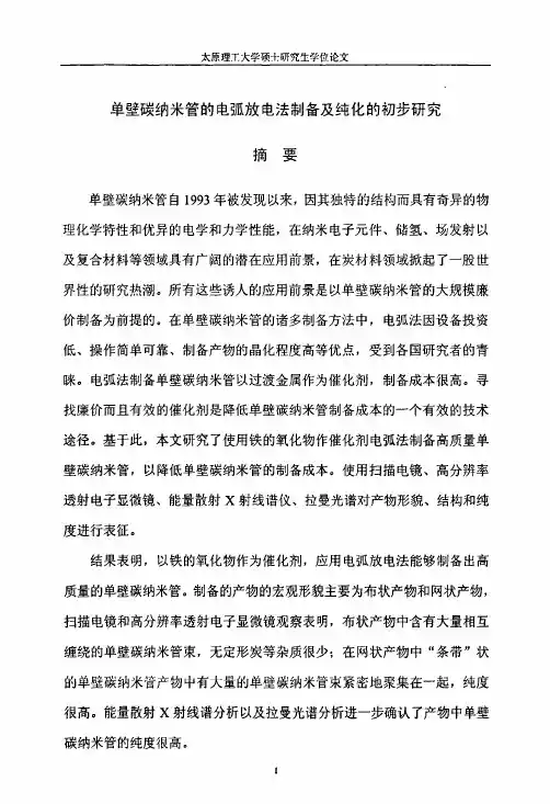 单壁碳纳米管电弧放电法制备及纯化初步的研究