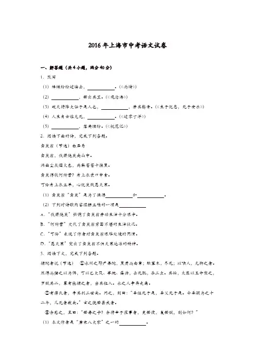 2016年上海市中考语文试题解析版