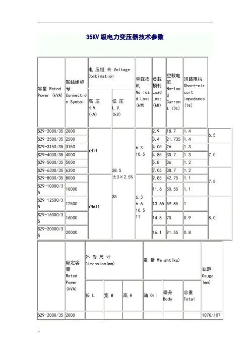 35KV级电力变压器技术全参数