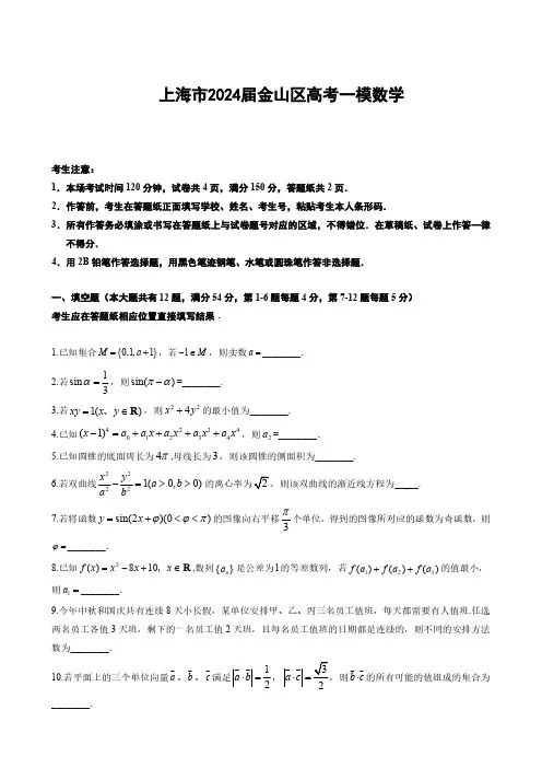 上海市2024届金山区高考一模数学