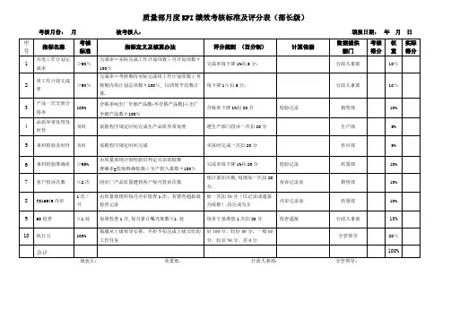 质量部月度KPI绩效考核标准及评分表