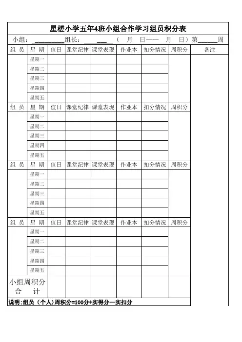 五年级小组合作学习积分表