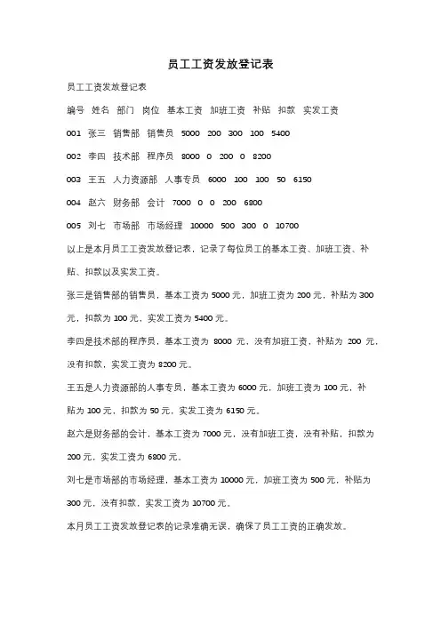 员工工资发放登记表