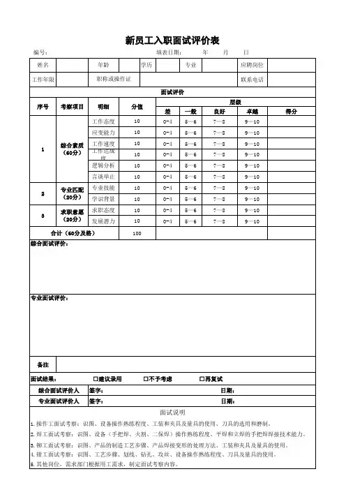 新员工入职面试评价表