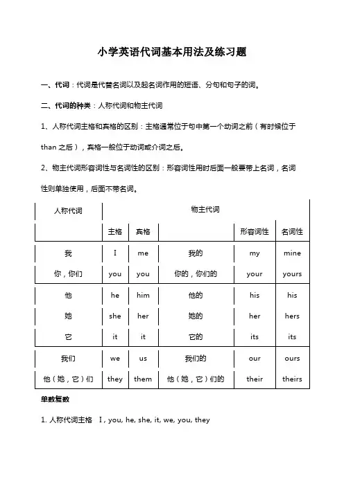 小学英语代词基本用法及练习题