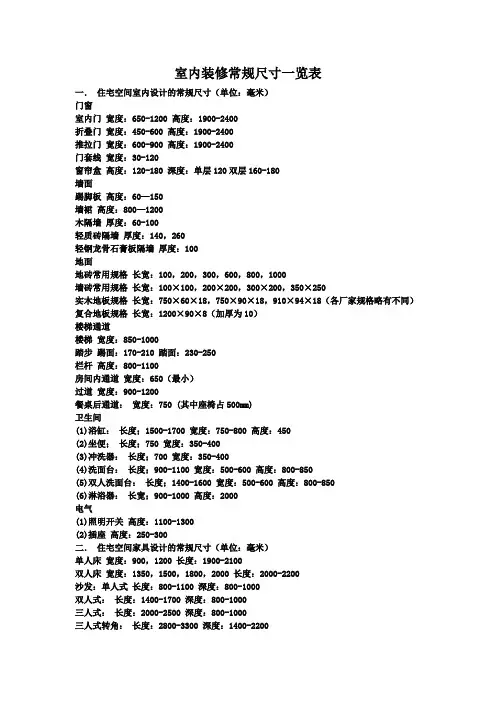 室内装修常规尺寸一览表