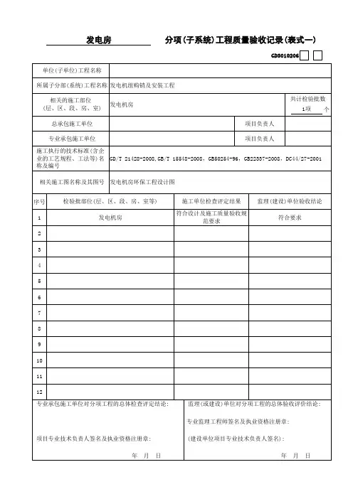 分项(子系统)工程质量验收记录(表式一)GD3010206