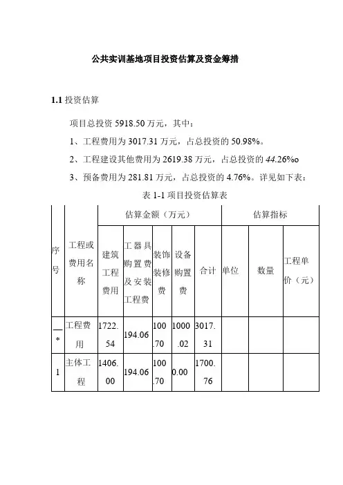 公共实训基地项目投资估算及资金筹措1
