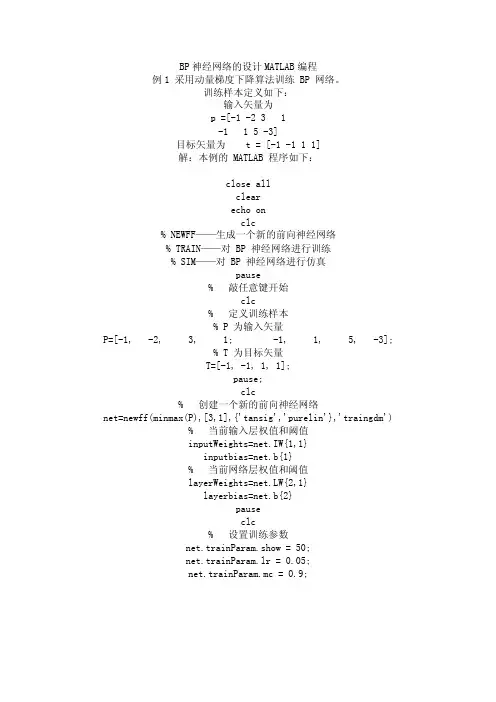 BP神经网络MATLAB编程代码