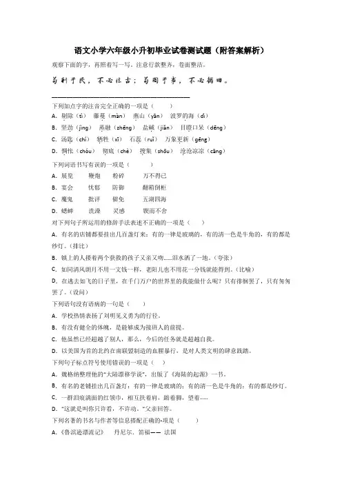 语文小学六年级小升初毕业试卷测试题(附答案解析)