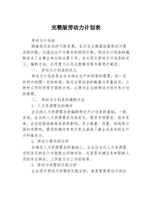 完整版劳动力计划表3篇