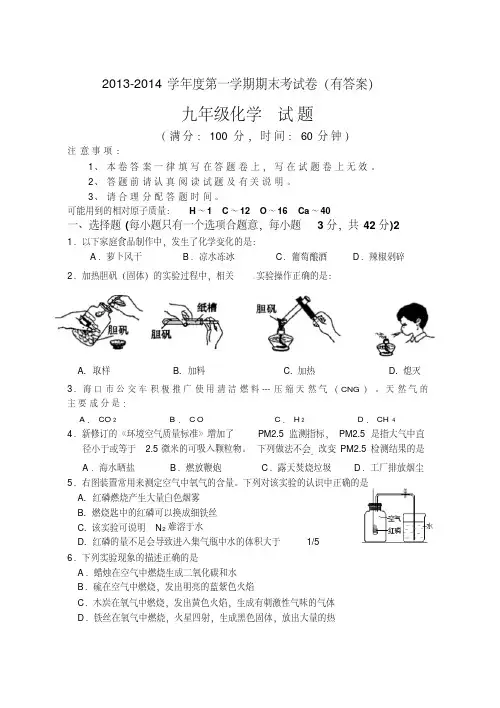 2013-2014第一学期九年级化学期末考试卷