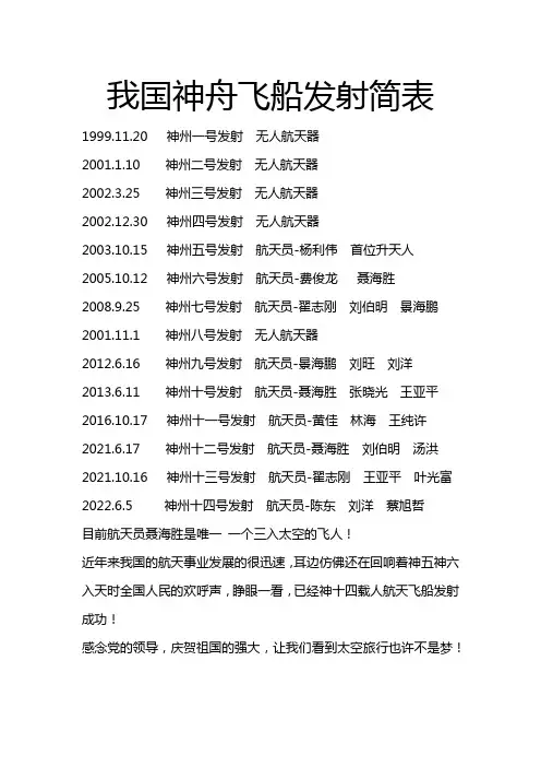 我国神州飞船发射时间简表