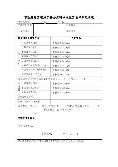 市政基础工程施工安全文明标准化工地评分汇总表
