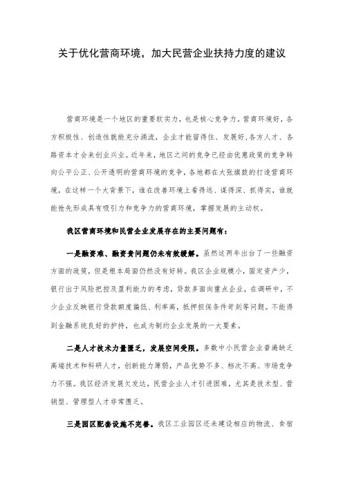关于优化营商环境,加大民营企业扶持力度的建议