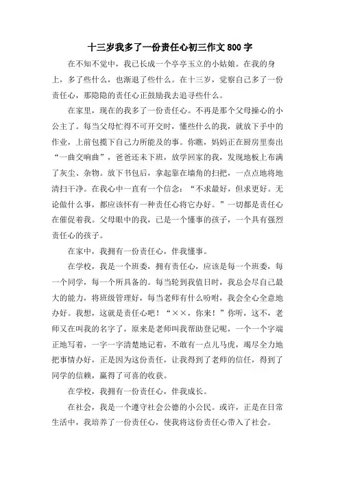 十三岁我多了一份责任心初三作文800字