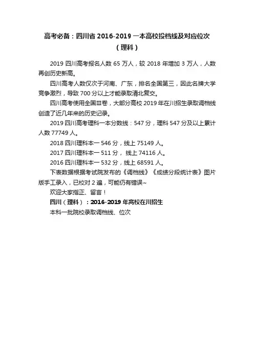 高考必备：四川省2016-2019一本高校投档线及对应位次（理科）