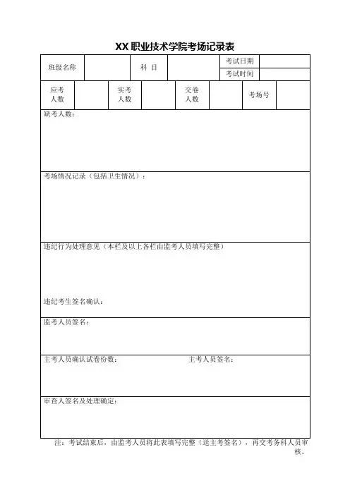 职业技术学院考场记录表及签到表